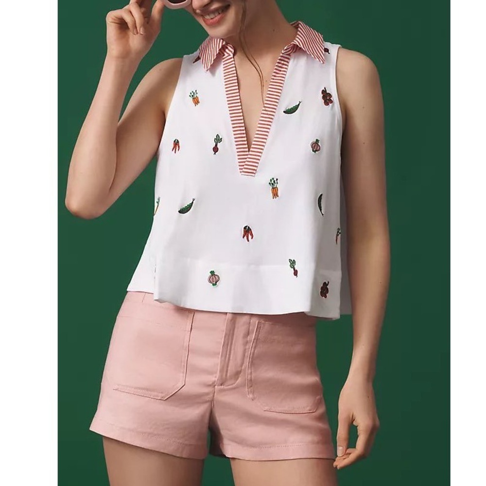 Maeve Anthropologie Embroidered Vegetable V-Neck Striped Collar Tank Top White L